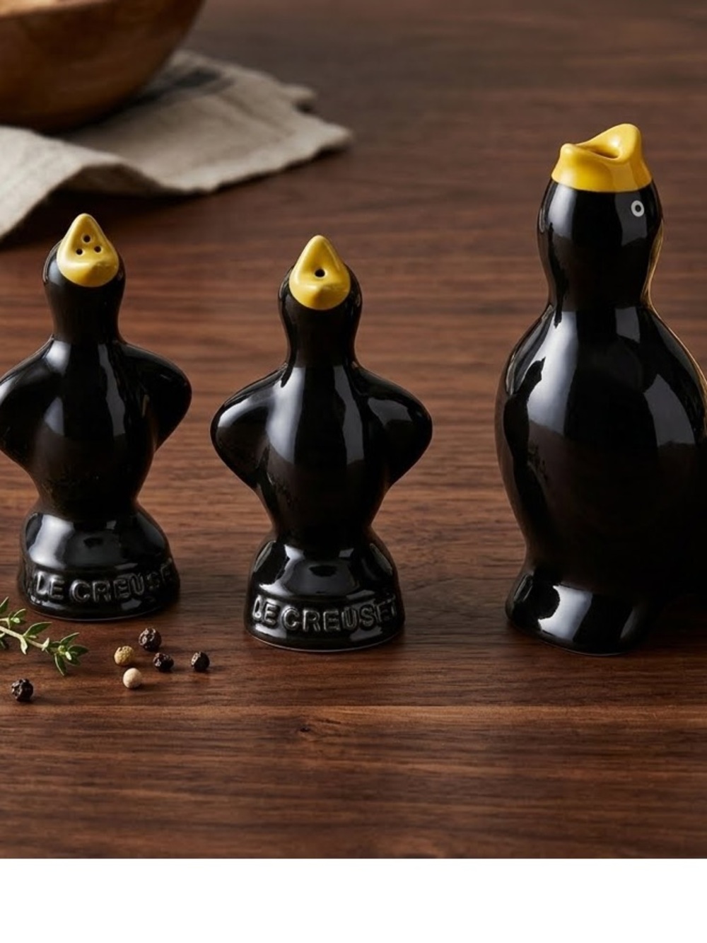 Le Creuset Black and Yellow Penguin Kitchen Shaker & Oil Set
